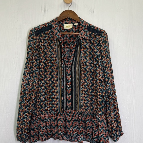 Anthropologie - Maeve Janie Flounced Colorful Print Blue Motif Blouse Size 6 - Picture 9 of 14